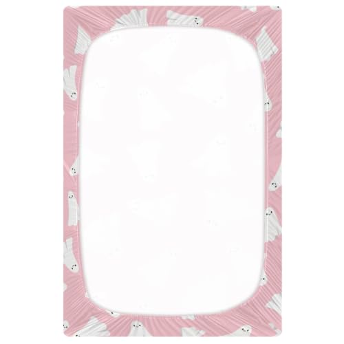 Image of Pfrewn Cute Halloween Crib Sheets for Girls Pink Halloween Ghost Fitted Crib Sheet Fits Standard Crib Mattress Pads Stretch Soft Toddler Baby Sheet, 52x28x9IN