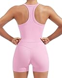 SUUKSESS Women 2 Piece Workout Sets High Waisted Biker Shorts with Pockets Built in bra Racerback Tank Tops Halter Padded Sports Bras (Light Pink, M)