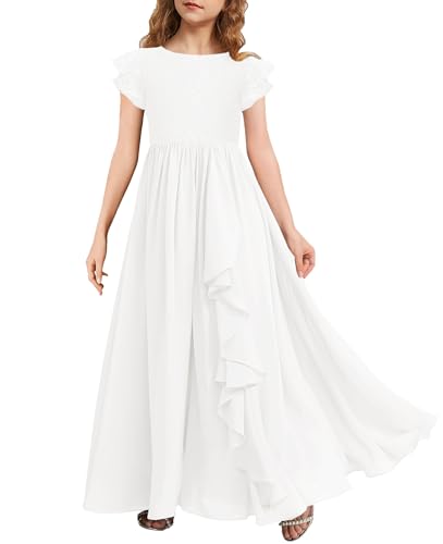 MITILLY Girls Lace Flower Maxi Dress Ruffle Sleeve A-Line Flowy Junior Bridesmaid Chiffon Dresses for Wedding Party 10 Years White