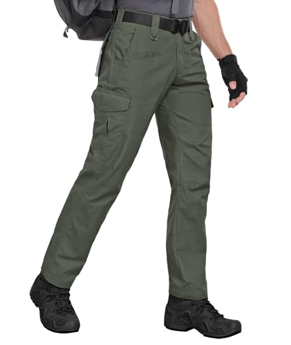 Zoofly Cargo Work Pants for Men Elastic Waist Waterproof Mens Tactical Pants with Pockets Outdoor Hiking Pants Ripstop Army Green 34W*30L