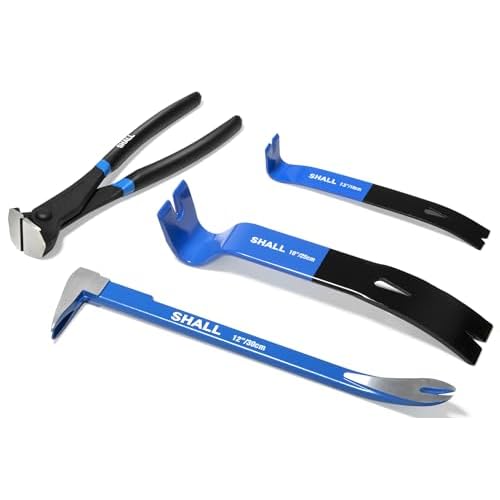 SHALL 4-Piece Pry Bar Set, 12-Inch Cats Paw Nail Puller, 10-Inch & 7.5-Inch Flat Claw Pry Bars, 8-Inch End Cutting Pliers, Utility Wonder Crowbar, Nail Remover Tool for Baseboard, Floor, Nails Removal