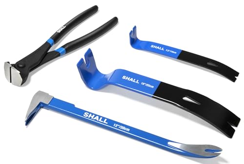 SHALL 4-Piece Pry Bar Set, 12-Inch Cats Paw Nail Puller, 10-Inch & 7.5-Inch Flat Claw Pry Bars, 8-Inch End Cutting Pliers, Utility Wonder Crowbar, Nail Remover Tool for Baseboard, Floor, Nails Removal by SHALL - Used condition - US$27.02