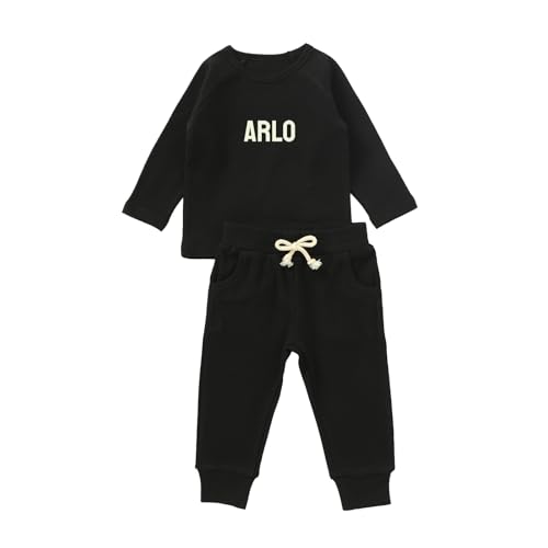 Image of cribstar Personalised Baby Ribbed Tracksuit Set Organic Cotton Custom Embroidered Name 2 Piece Outfit Toddler Boys Girls Unisex Gift (Black, 0-3 months)