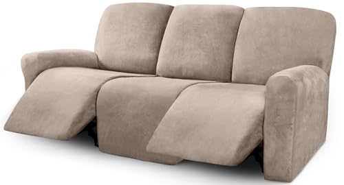 ULTICOR Velvet 8-Pieces Recliner Sofa Covers Stretch Reclining Couch Covers for 3 Cushion Reclining Sofa Slipcovers Furniture Covers Thick Soft Washable (3 Seater Recliner Cover, Taupe)