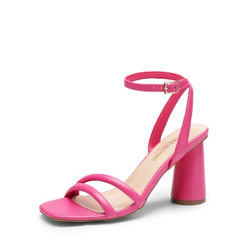 DREAM PAIRS Women's Strappy Round Heels Open Square Toe Ankle Strap Party Sandals Dress Shoes 7 Hot Pink-pu