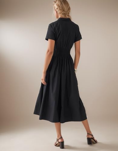 Image of Ladyful Women Casual Button Down Short Sleeve Shirt Dress Tie Waist Midi Shirt Dress Elegant Business Party