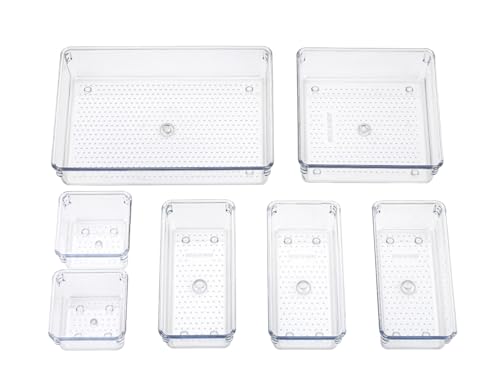 Image of UCRAVO 7Pcs Clear Plastic Desk Drawer Storage Organizer Set Kitchen Organizer, Makeup Organizer Dividers Vanity Tray Set, Desk Drawer Divider Tray, Multi-Purpose Stationery Organizer