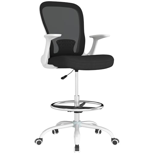 HOMCOM Chaise de bureau haute ergonomique avec accoudoirs rabattables, dossier en maille, soutien lombaire, anneau de pied réglable, roues pivotantes, pour...