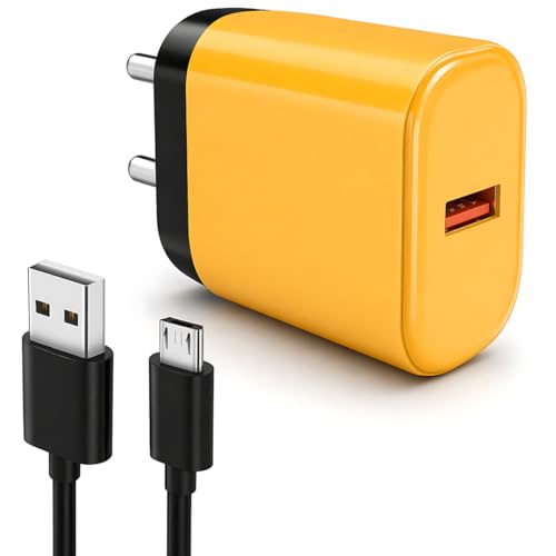 MAK 18W Fast Charging USB Wall Charger 2.4A with Micro USB (V8) Cable, Compatible with Android Smartphones, Tablets & Micro USB Devices, Safe & Reliable – Yellow