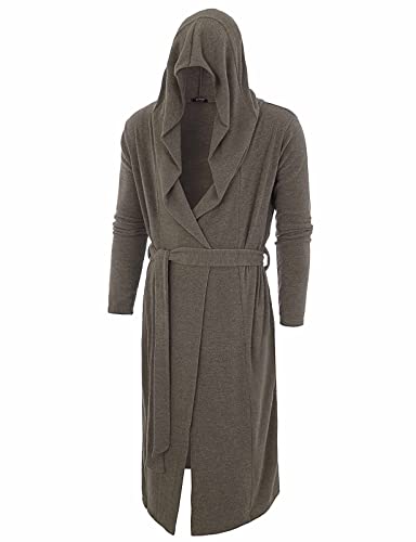 GIVON Longline Hooded Cardigan Ruffle Shawl Collar Open Front Long Sleeve Drape Cape Overcoat with Pockets & Tie Waist