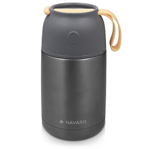 Navaris Termo Comida y Agua Caliente 650 ML - Recipiente Adulto o Infantil para Mantener Solidos y Liquidos Fríos y Calientes - de Acero Inoxidable - en Gris Oscuro