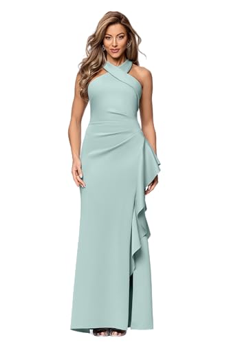 Image of Xscape Evenings Women's Long, Bodycon Low-Sheen Cross Front Halter Neck Evening Dress with Ruching & Ruffle Detail