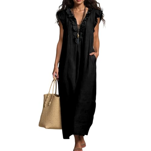 Robe maxi ample col en V pour femme en lin et coton à manches longues