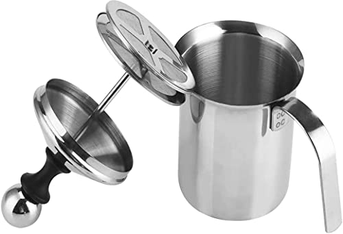 FIOUSY Manual Milk Frother, Stainless Steel Hand Milk Frother, Double-Layered Handheld Milk Frothing Pitchers, Manual Operated Milk Foam Maker for Cappuccino and Latte Coffee Frother, 400ml