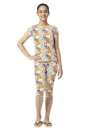 Image of SINI MINI Round Neck with Half Sleeve Top & Capri Beige Girls Casual Pack of 1 Night Suit Set