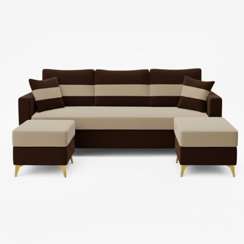 Image of SOCOZI Bastian 5 Seater L Shape Sofa Set with 2 Movable Ottomans | Flexible Layout | Soft Velvet Suede Fabric|Modern Sofa | Plush Comfort Cushions for Living Room (Dark Brown-Beige) | Breathable Material