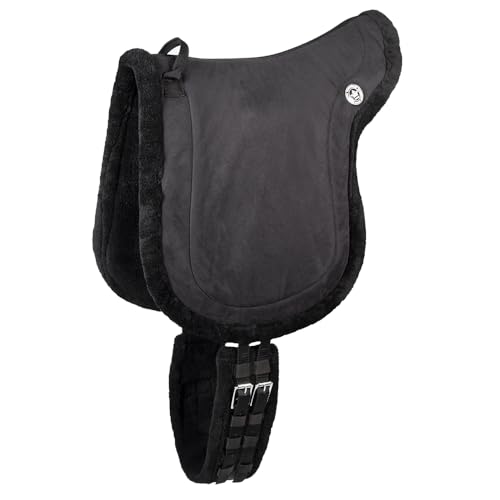 PFIFF 103004 Reitpad, Bareback Pad, baumloses Reitkissen aus Velour-Kunstleder und Kunstfell, Sattelkissen inkl. Sattelgurt, Schwarz, Full