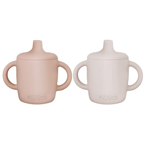 Image of KIDSco. Silicone Sippy Cups (2 Pack) – Soft Spout & Easy Grip Handles for Babies 6+ months, Plastic Free, Toxic Free Silicone, Leak-Resistant, Dishwasher Safe (Pink and Sandy Shore)