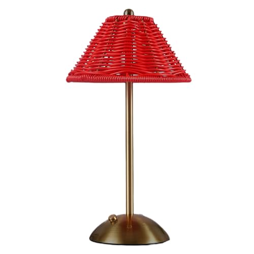Lampe de table bohème en rotin - Sans fil - Rechargeable - Intensité variable - Veilleuse pour chambre à coucher, salon, extérieur (rouge, taille unique)