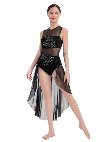 AFAVOM Sequin Flower Lyrical Dance Dress for Women Modern Contemporary Dance Costume Asymmetric Mesh Flowy Tulle Skirt Cutout Backless Sleeveless Dancewear for Ballet Performance Black Large