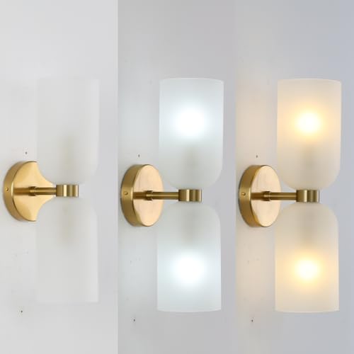 Image of EFINEHOME Minimalist 2-Light Gold Wall Sconces with Cylinder Glass Shades- Mid Century Vanity Wall Double Lights Hardwired- Modern Indoor Glass Wall Mounted Art Decor Lights (Frosted White, 1 Pack)