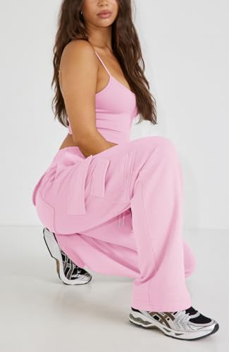 Waitfairy Wide Leg Sweatpants Women Cargo Pants Fleeece High Waisted Baggy Sweatpants for Women Casual Pants with 8 Pockets Pink XL3