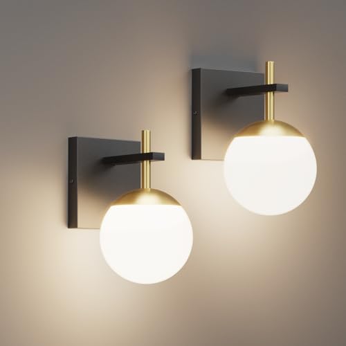 Image of Ralbay Black Gold Indoor Wall Sconces Set of 2,Mid Century Modern Bathroom Wall Lighting Fixtures Milky Glass Wall Lamp for Bedroom Living Room Vanity Hallway,Black and Gold(Exclude Bulb)