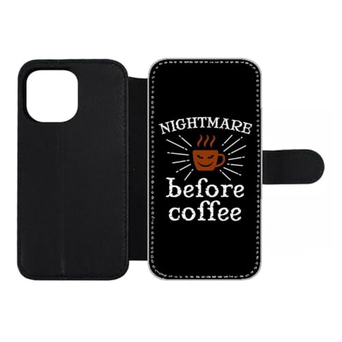 Housse iPhone 15 Pro Max Nightmare Before Coffee, l'étui cuir de vos matins