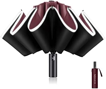 XIXVON Paraguas Pro (10 Varillas, Rojo) | UPF 50+ 99% De ProteccióN UV, Banda De Seguridad Reflectante, Resistente Al Viento, PortáTil, AutomáTico | Paraguas Plegable Inverso