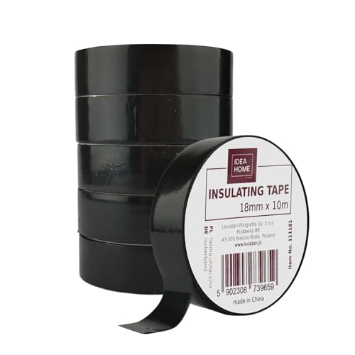 IDEA HOME 6 Pcs Ruban Adhésif Isolant Électrique PVC 18mm x 10m - Réparation de Fils Électriques, Très Flexible, Forte Adhérence, Résistant aux Produits Chimiques, Résistant à l'eau, Noir