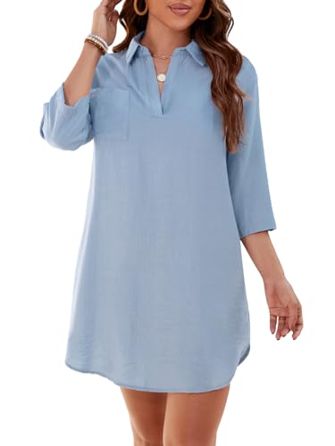 ZANZEA Damen Strandkleid Bikini Cover Up Strandponcho Sommer Bademode Strand Vertuschen Shirt Light blau XL