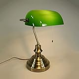 Tischleuchte Bankerslamp mit Zugschalter E27 (Höhe ca 37,5cm) Bankerlampe grün Schreibtischleuchte antik messing Schirm grün Arbeits-Nachttisch-Tischlampe-Leuchte antik retro Nostalgie