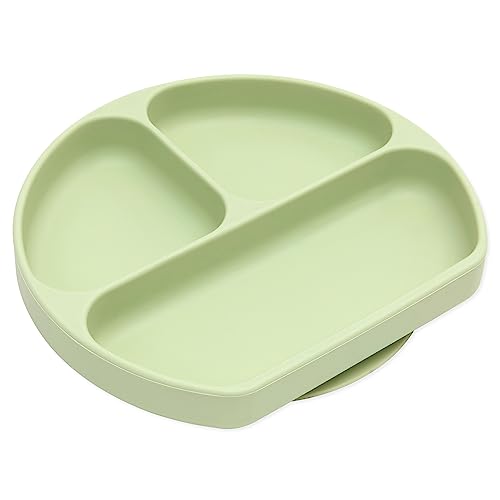 Bumkins Toddler and Baby Suction Plate, Divided Grip Dish for Babies and Kids, Baby Led Weaning, Feeding Supplies, Sticks to Tables and Highchairs, Platinum Silicone, for Chidren 6 Months, Sage