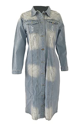 Womens Distressed Ripped Lapel Trench Coat Slim Fit Button Down Washed Long Jean Jacket2