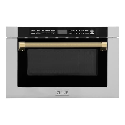Image of ZLINE Autograph Edition 24 in. 1.2 cu. ft. Built-in Microwave Drawer in Stainless Steel and Polished Gold Helix Handle (MWDZ-1-H-KG)