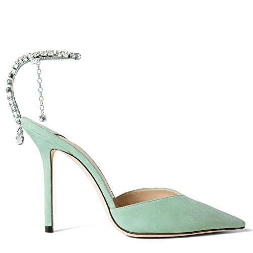 Image of LauraVicci Women's Heeled Sandals Crystal Chain Ankle Straps Rhinestones Buckle High Heels Stiletto Slip On Wedding Party Satin Dress Shoes