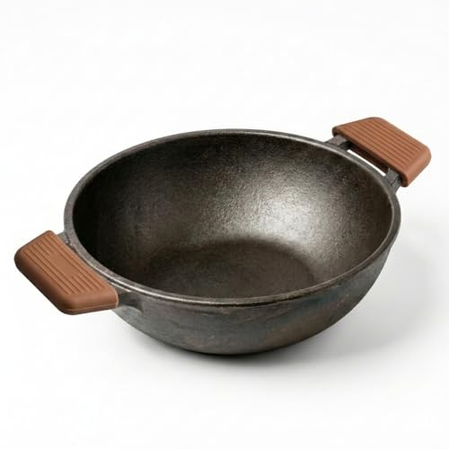 Image of HomeEssentials Pre-Seasoned Cast Iron Kadai with Silicone Grip, 24cm, 2.5-2.7L Capacity, 100% Pure Cast Iron Cookware, Naturally Non-Stick, Non-Toxic, Compatible with Gas, Ceramic & Electric Cooktops