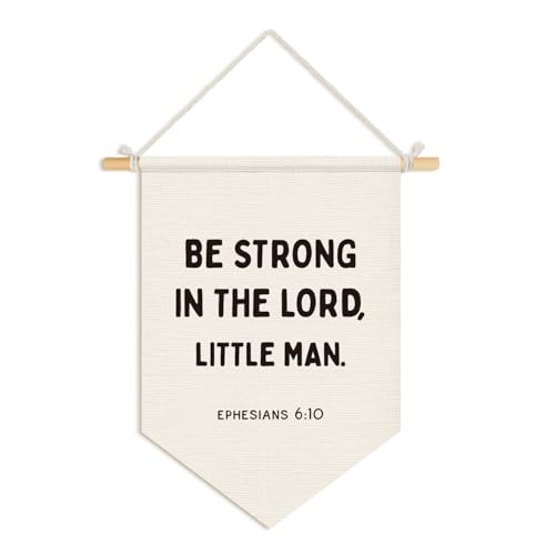 Wheatwin Christian Wall Decor for Classroom,Motivational Banner for Boys Bedroom Playroom, Be Strong in the Lord Little Man Bible Verse Wall Hanging Pennant Flag Banner, 15x11 Inch