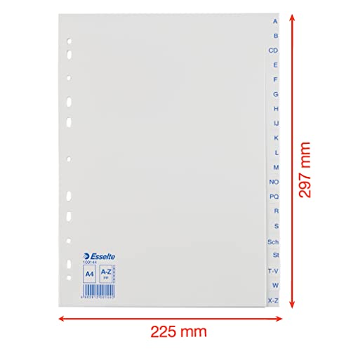 Leitz Esselte Register für A4, 20 Trennblätter, Taben mit alphabetischem Aufdruck A-Z, Blau/weiß, Robuster Kunststoff, 100144