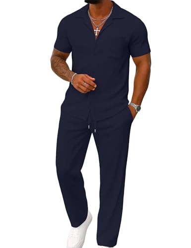 UOUA Men's 2 Piece Outfit Casual Short Sleeve Button Down