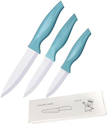 Blue 3 Pieces Ceramic Knife Set, 3-4-5 inch paring knives set, Sharp and Durable Fruit Knives with Sheath Covers,Used for Cooking Vegetable Fruit Bread and Meats