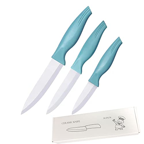 Blue 3 Pieces Ceramic Knife Set, 3-4-5 Inch Paring Knives Set, Sharp And Durable Fruit Knives With Sheath Covers,Used For Cooking Vegetable Fruit Bread And Meats #TOP2