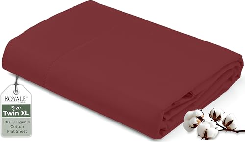 Image of Royale Linens 100% Organic Cotton Twin XL Flat Sheet Only - Super Soft - Percale Top Sheets - Twin XL Flat Sheet Sold Separately - Breathable, Cool & Crisp Sheets Only (66 inch x 102 inch, Red)