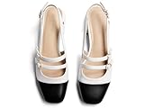 Coutgo Womens Mary Jane Chunky Low Heels Slingback Pumps Closed Square Toe Wedding Dress Shoes, Black White, Size 9
