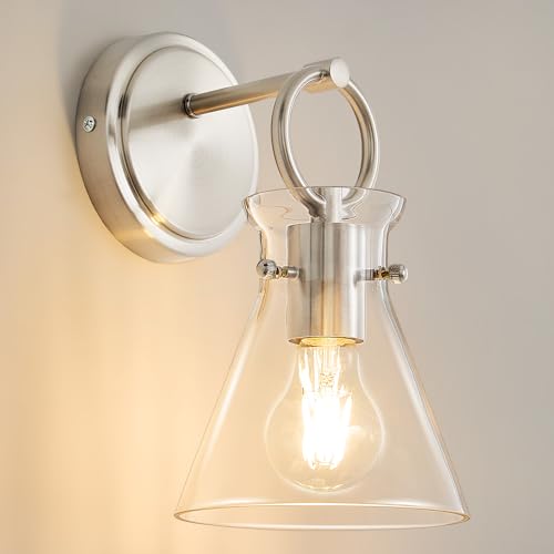 Image of Wall Sconce for Bathroom 6 inch Clear Glass Shade Nickel 1 Pack | Modern Vanity Light Fixtures, Hardwired Wall Mount Lighting, Farmhouse Wall Lights for Living Room