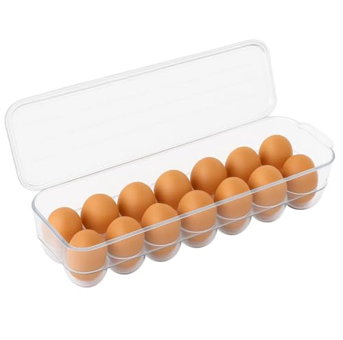 Egg Holder for Refrigerator with Lid – Clear Plastic Egg Storage Container for 14 Eggs, Stackable Fridge Organizer Tray for Fresh Egg Storage, BPA-Free Bin