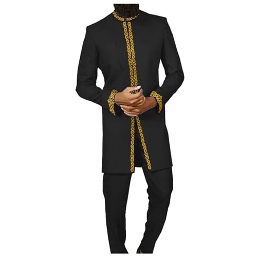 Generisch Traje de hombre, traje pantalón, bordado, cuello redondo, manga larga, color sólido, dos piezas, social, africano, nacional, ropa de hombre, estilo nacional, Negro , 3XL