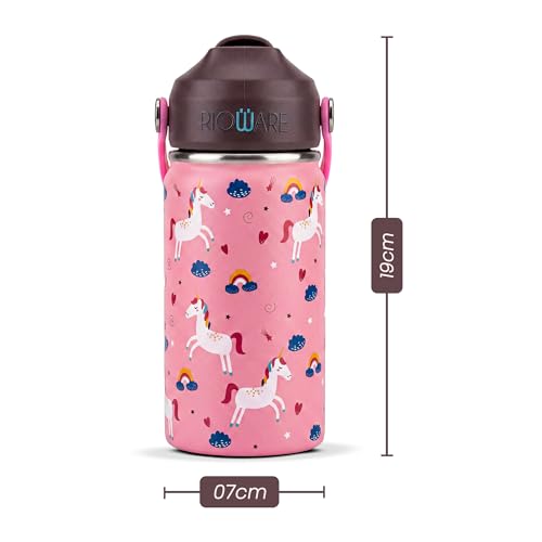 Image of Rioware Kids Insulated Stainless Steel Water Bottle 350ml | Double Wall Vacuum | 24 Hrs Cold & 12 Hrs Hot | Leakproof Flip Top with Straw | BPA-Free | School Bottle with Carry Loop (350 Ml, Pink)