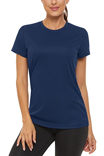 TACVASEN Yoga T-Shirt Women Short Sleeve Sport Shirts UV Sun Protection Clothing Quick Dry Lightweight Gym Tops (L, Navy)