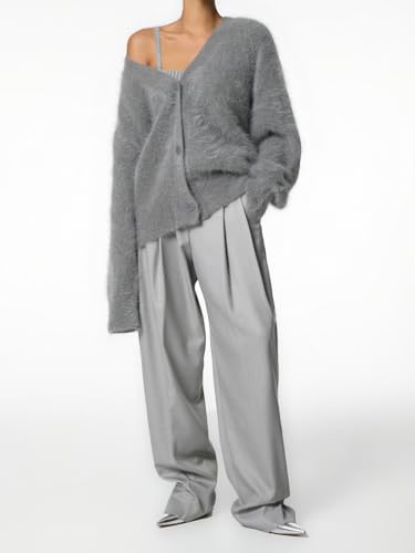 Image of chouyatou Women Furry Open Front Cardigan V-Neck Loose Casual Fluffy Knit Button Down Sweater Coat